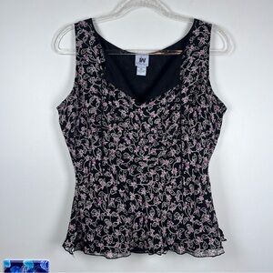 Vintage Y2K Junction West Sleeveless Black Silk Floral Tank Top Blouse Large